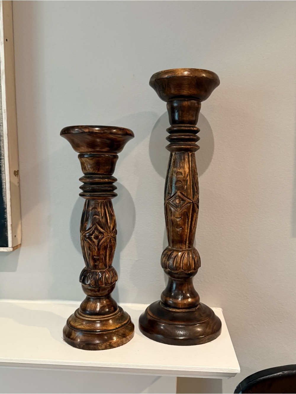 Pair of Wooden Carveed Candle Pillar Holders 12” & 15” Tall Rustic Decorative